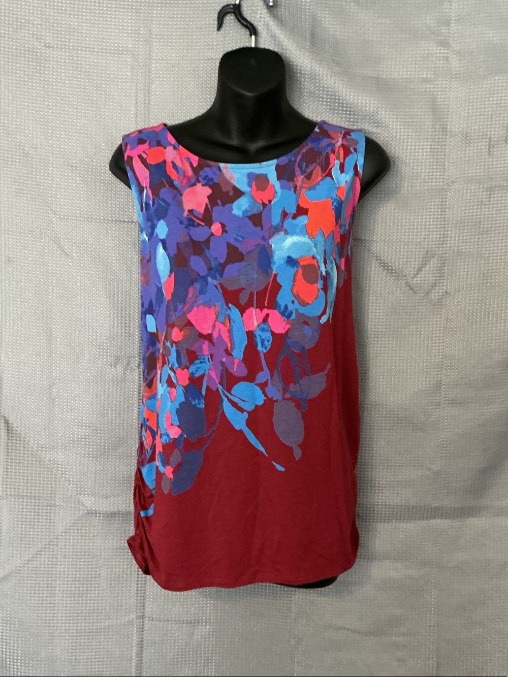 Coldwater Creek Maroon Tank with Blue and Pink Floral Accents